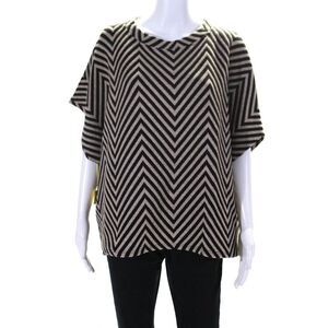 Suzy D Womens High Neck Chevron Stripe Dolman Sleeve Sweater Black Beige Small